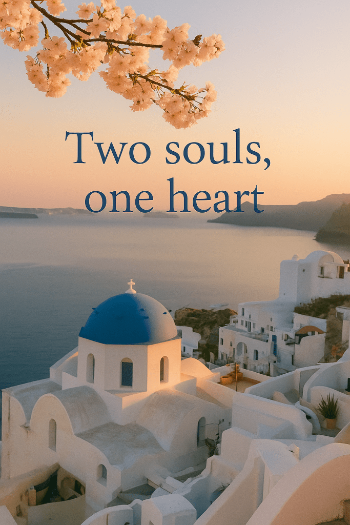 A panoramic sunset view of Santorini with iconic whitewashed houses and blue-domed churches overlooking the Aegean Sea