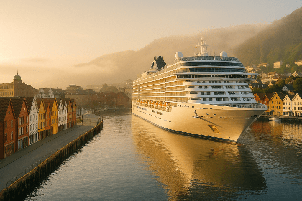 A luxury cruise ship docking at Bergen Port, Norway, with colorful wooden houses, calm blue water, and misty mountains under golden morning light.