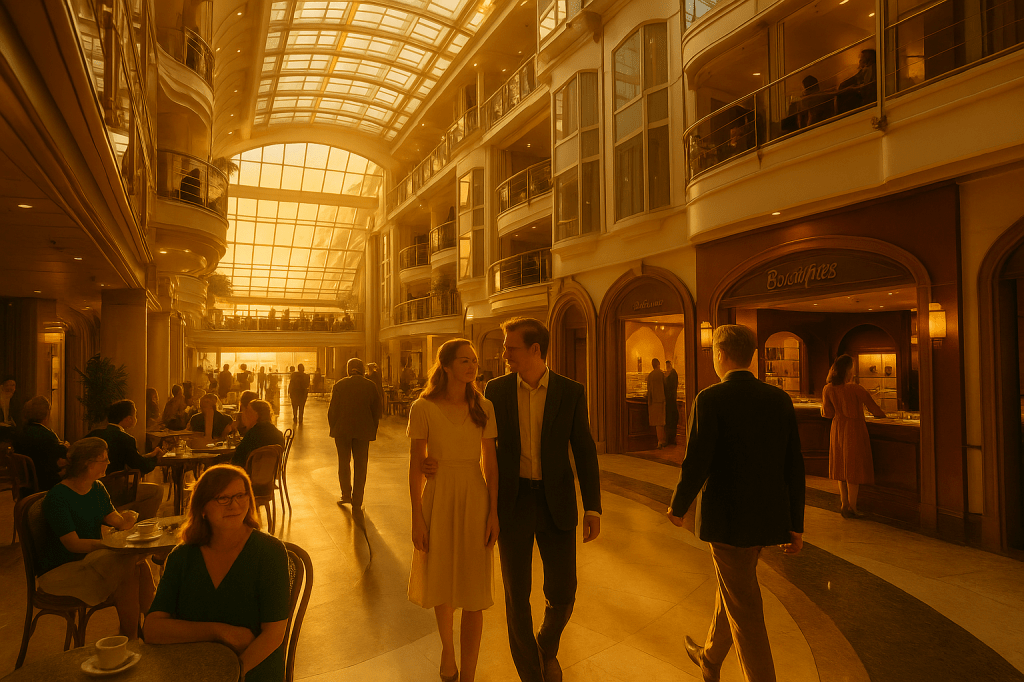 Passengers strolling through a luxury cruise ship atrium glowing with golden light, surrounded by boutiques and cafés under a glass ceiling.