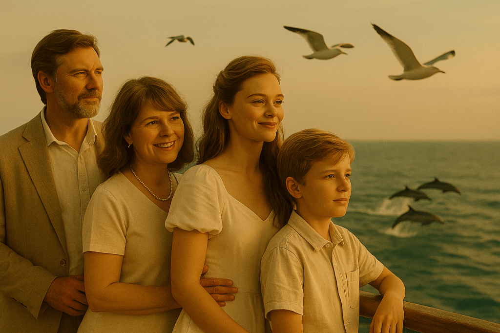 Vicky standing with her family on a cruise deck at sunrise, watching seagulls and dolphins play over the calm golden sea.