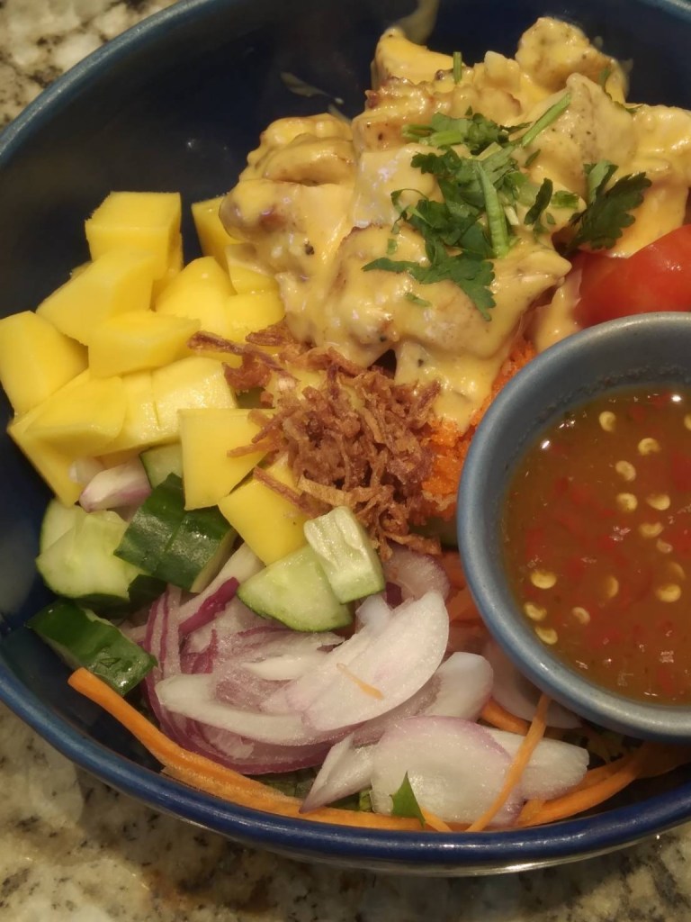 Close-up of fresh mango, onions, cucumbers, and creamy chicken in a cozy blue bowl