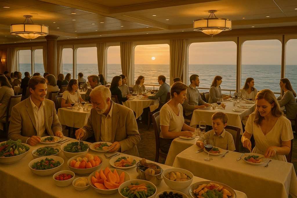 Passengers dining aboard a luxury cruise ship at sunset, with families and couples enjoying a buffet dinner and ocean views.