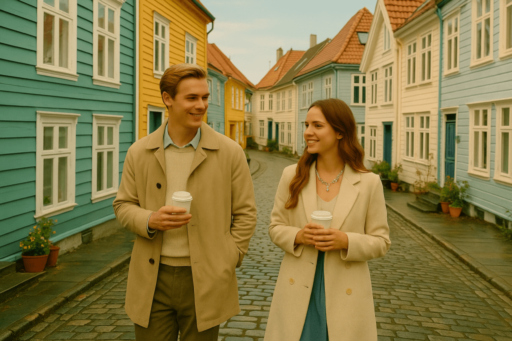 Sunny and Vicky walking together through the pastel wooden streets of Bergen, Norway, surrounded by colorful houses after a light rain.
