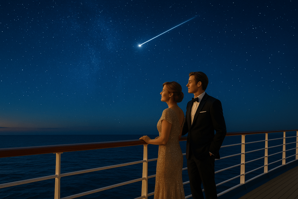 Sunny and Vicky standing together on the upper deck of a cruise ship at midnight, gazing at a sky filled with stars and a falling star over the calm ocean.