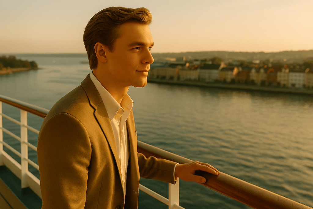 Sunny and his family standing on the ship deck at Halifax Port, gazing at the calm sea under golden sunlight.
