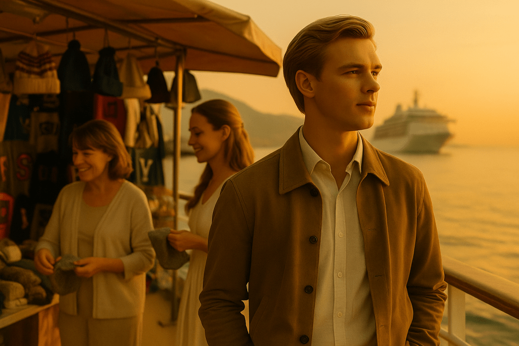 Sunny glances toward Vicky by the harbor as his family shops for souvenirs at Halifax Port.