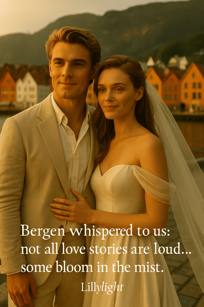 A newlywed couple in soft golden light standing by the colorful houses of Bergen, Norway, with mountains behind them.