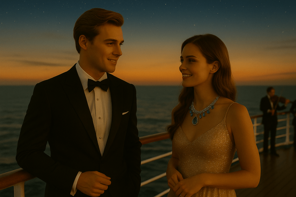 Sunny and Vicky standing on the upper deck of a luxury cruise ship at twilight, smiling warmly at each other as the sunset glows over the sea.