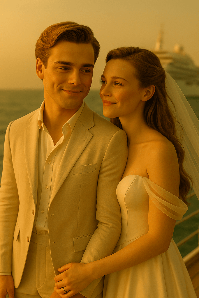 A couple standing on the deck of a ship during golden hour, holding each other gently as the ocean glows behind them.