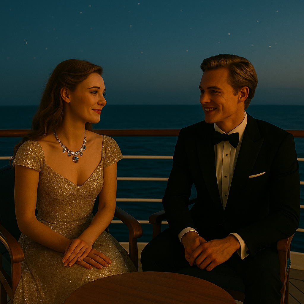 Sunny and Vicky sitting together on the ship’s deck at night, talking with affection under the starlit sky.