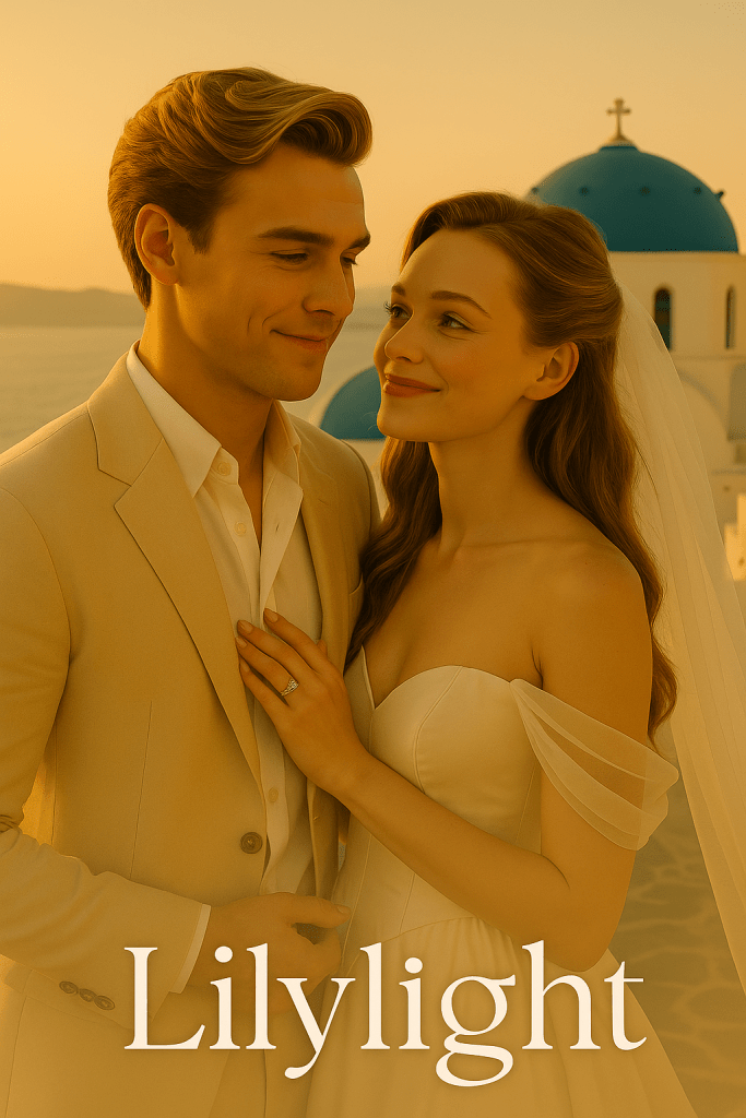 A couple holding hands in Santorini during golden sunset, with blue domes and the Aegean Sea glowing behind them.