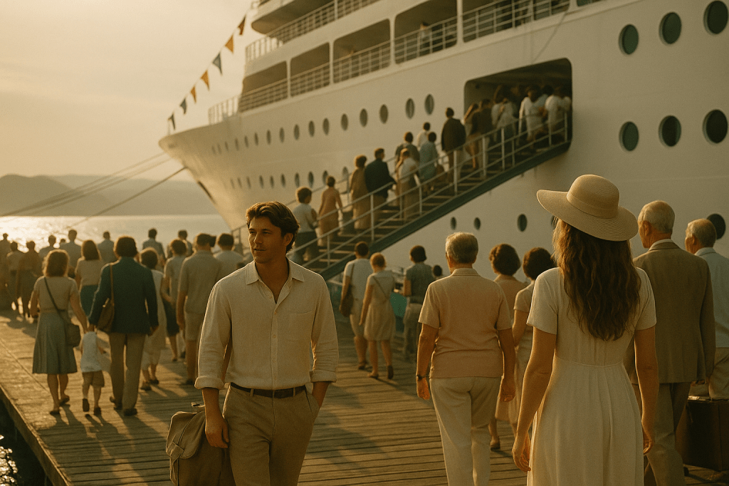 A cinematic scene of passengers boarding a cruise ship under golden morning light, with Sunny in a cream linen shirt and Vicky in an ivory dress and sun hat walking among diverse travelers at the pier.