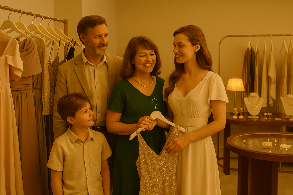 A cinematic image of Vicky and her family browsing elegant evening gowns inside a cruise ship fashion boutique under soft golden light with the ocean visible through the windows.