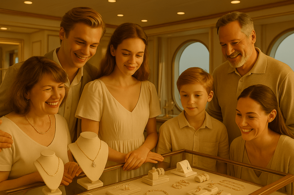 A cinematic image of Vicky and her family admiring jewelry inside a boutique on a cruise ship while Sunny and his family browse nearby, both unaware of each other, under warm golden light with reflections on glass displays.