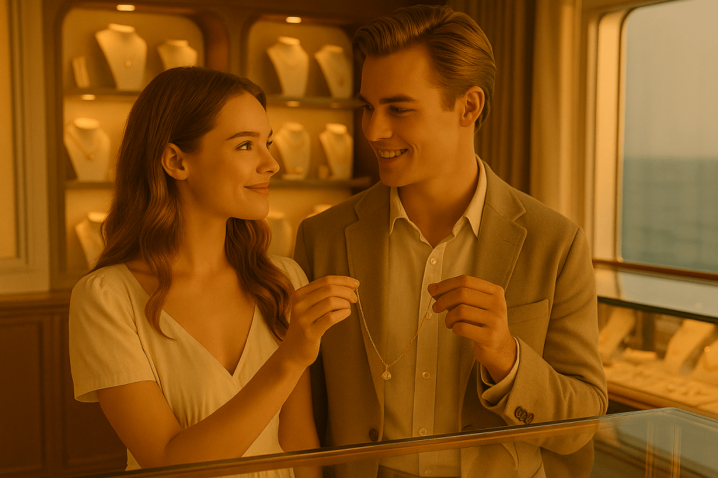 A cinematic image of Vicky and Sunny reaching for the same necklace inside a cruise ship jewelry boutique, turning to look at each other for the first time under soft golden light and glass reflections.