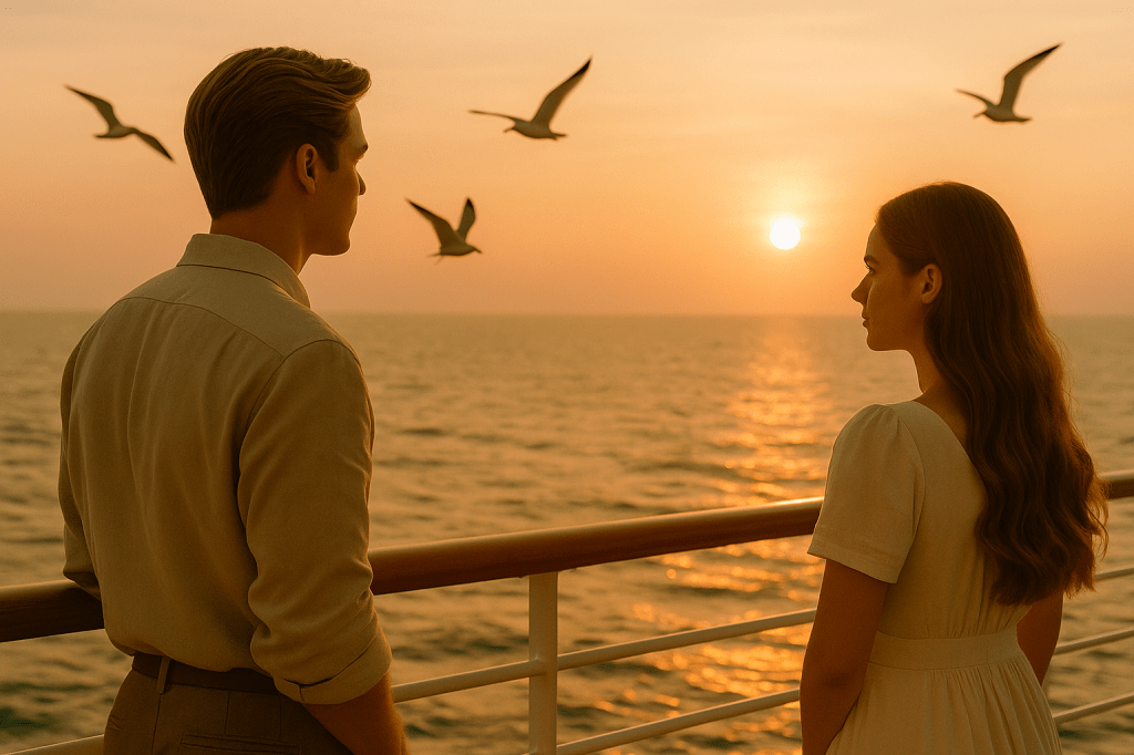 A cinematic image of Sunny and Vicky standing apart on the deck of a cruise ship at sunset, both gazing toward the golden and pink horizon as seagulls fly over the calm sea.