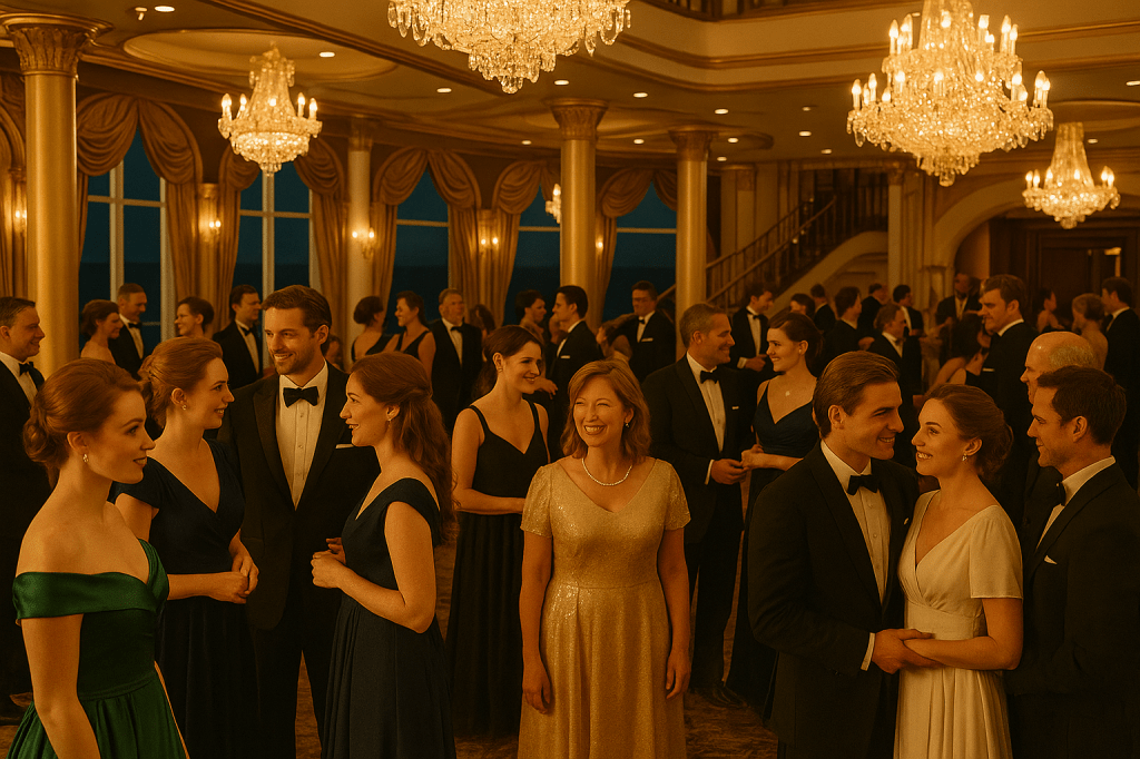 A cinematic image of an elegant evening gala held on the deck of a luxury cruise ship, where guests in gowns and tuxedos celebrate under golden lights and a starlit sky.