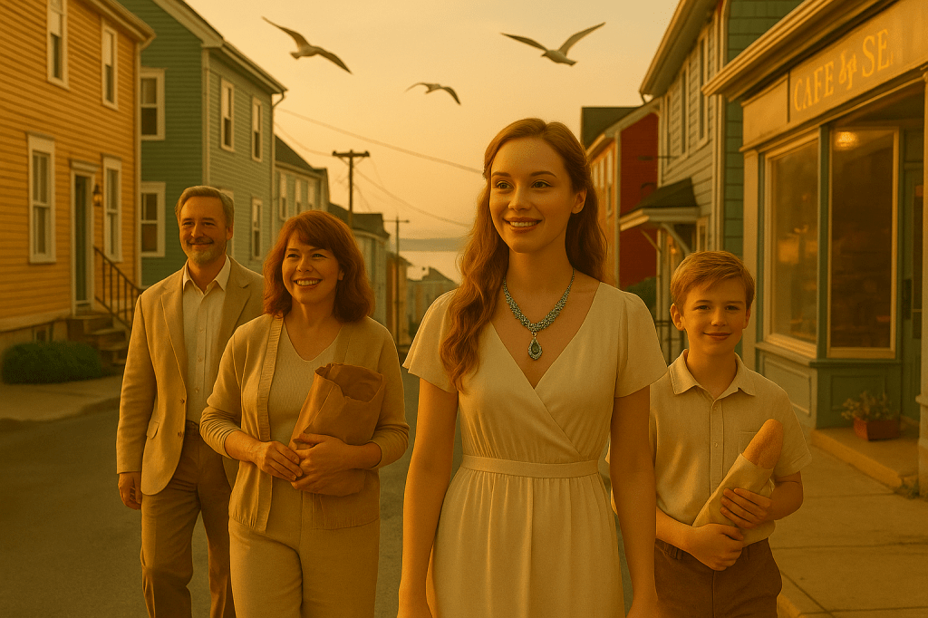 A cinematic photograph of Vicky and her family walking through the seaside town of Halifax, Canada, under warm morning light, passing pastel houses and a small café by the sea.