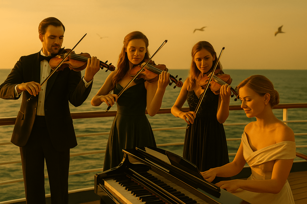 A cinematic image of a classical orchestra performing aboard a luxury cruise ship, with musicians playing violin, cello, and piano under golden evening lights.