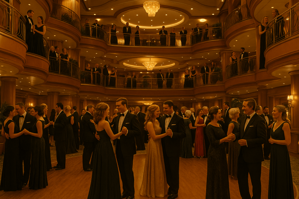 A cinematic image of an elegant ballroom on a luxury cruise ship, where guests in gowns and tuxedos dance and converse under golden lights across multiple decks.