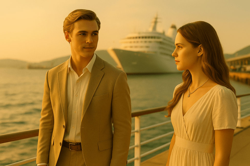 A cinematic photograph of Sunny and Vicky seeing each other by chance at Halifax Port, under soft golden morning light.