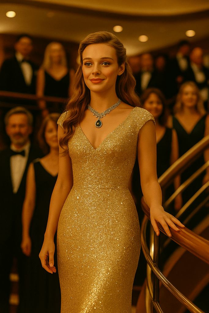 A cinematic image of Vicky in a gold evening gown with a sapphire necklace, standing on the cruise ship deck under warm golden lights with the sea softly glowing behind her.