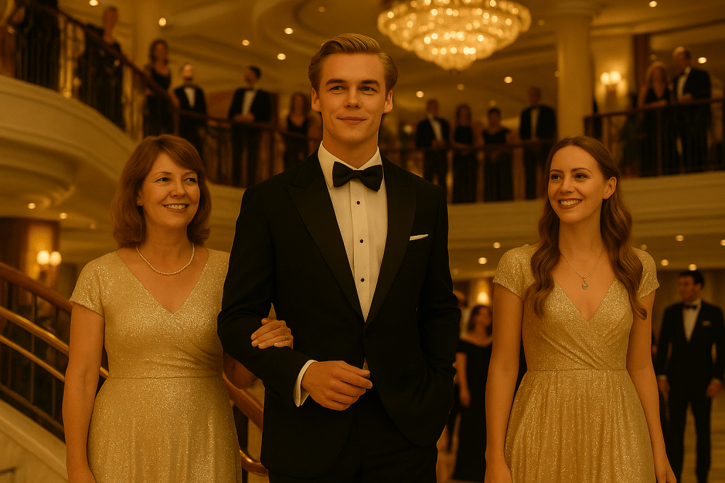 A cinematic image of Sunny in a black tuxedo walking down a grand staircase with his family during the evening gala aboard a luxury cruise ship, surrounded by guests under golden chandeliers.