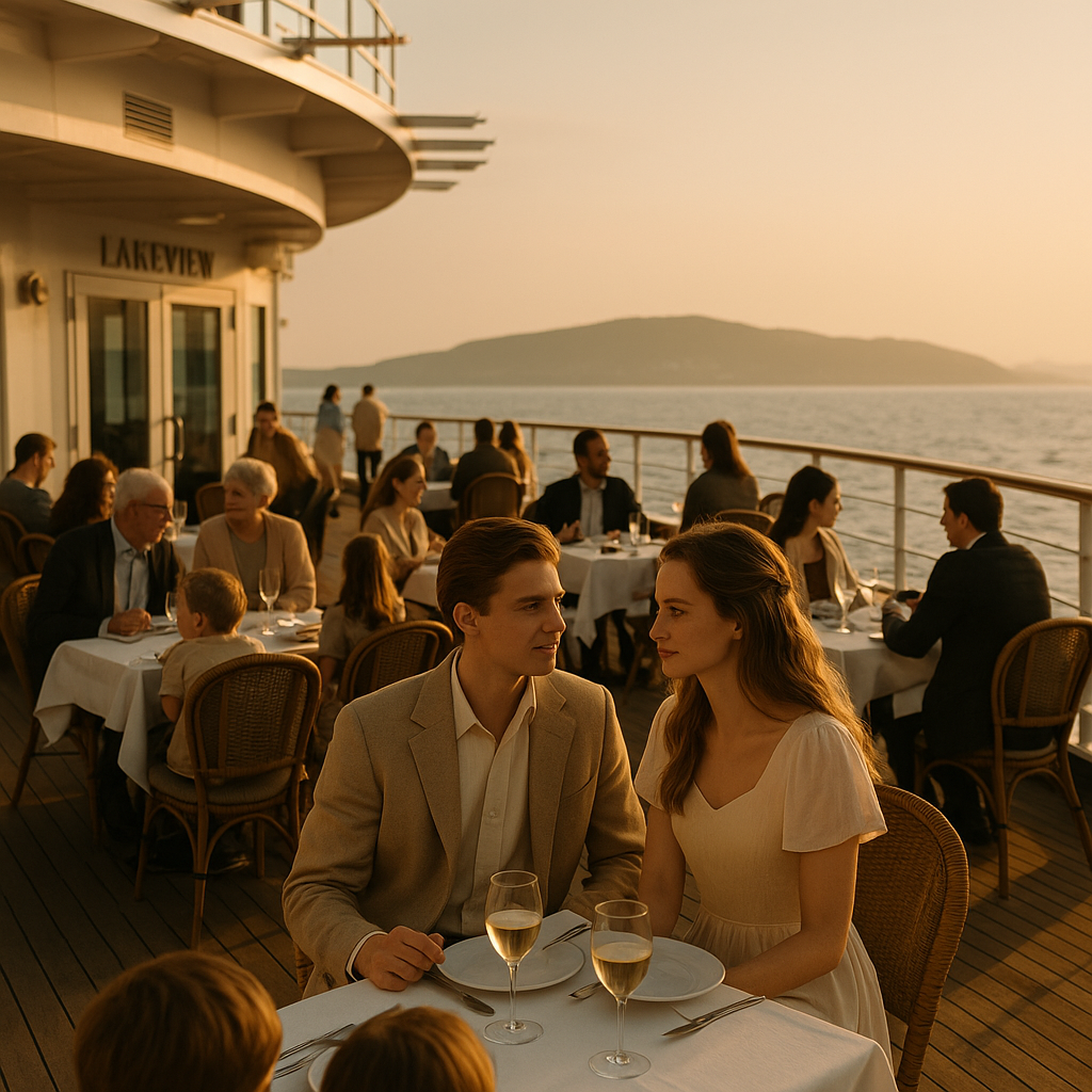 A cinematic morning scene on a cruise ship’s open-air restaurant deck with a calm ocean view, families and couples enjoying breakfast under golden sunlight, including Sunny and Vicky sitting separately with their families in a peaceful, romantic atmosphere.