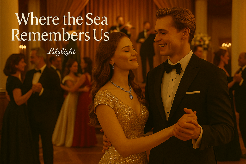 A cinematic image of elegantly dressed couples waltzing in the grand ballroom aboard a luxury cruise ship, under glowing chandeliers and golden light.