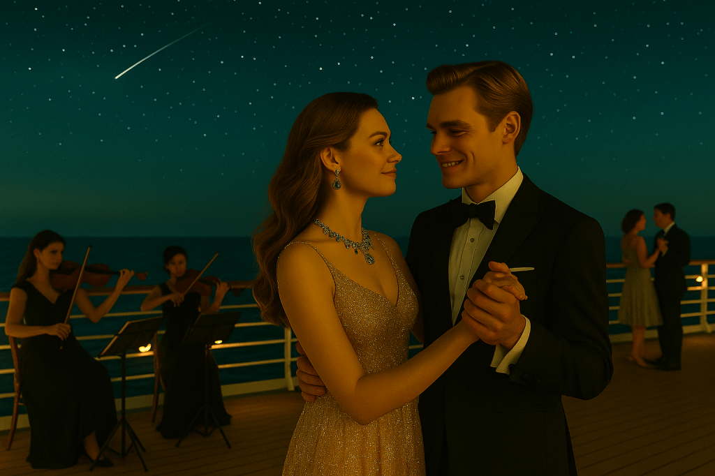 A cinematic image of Sunny and Vicky dancing beneath the stars on the open deck of a luxury cruise ship, accompanied by a live string ensemble and surrounded by soft golden and blue lights.