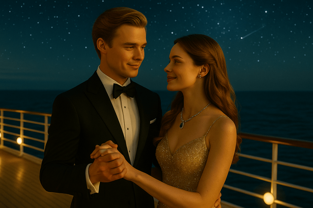A cinematic wide-angle image of Sunny and Vicky dancing gracefully under a star-filled sky on the open deck of a luxury cruise ship, surrounded by soft golden and blue lights.