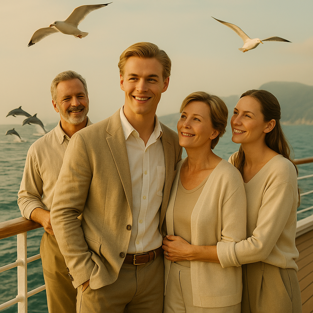 A cinematic scene of Sunny taking a photo with his family on the cruise ship deck under warm sunlight, with seagulls flying overhead and dolphins leaping in the emerald sea below.