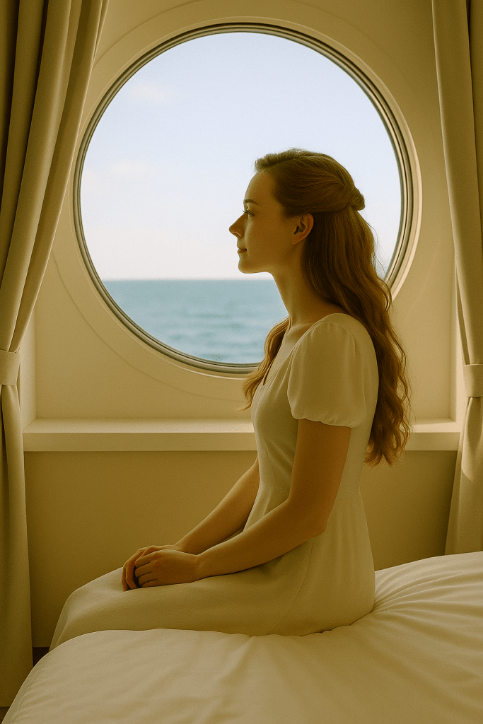 A cinematic image of Vicky sitting by the window in her cruise ship cabin, gazing at the bright blue sea and sky under soft daylight, surrounded by warm sunlight and calm reflections.