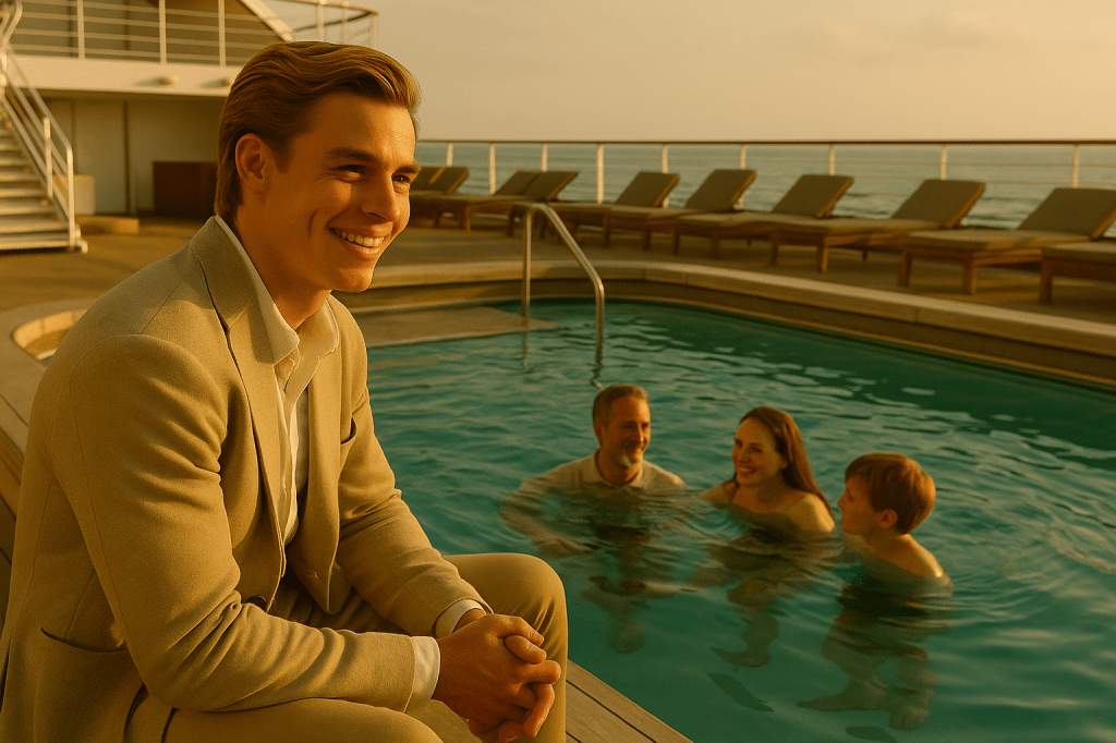 A cinematic image of Sunny sitting by the cruise ship pool, watching his family swim and laugh under warm afternoon sunlight, with the calm ocean in the background and soft reflections on the water.