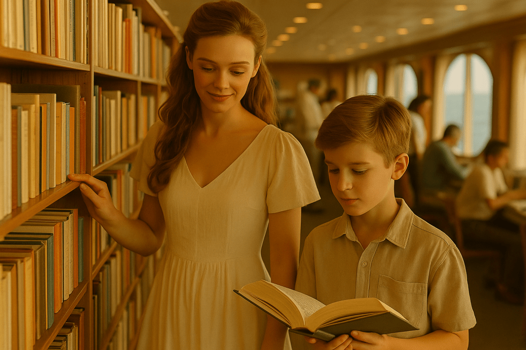 A cinematic image of Vicky standing with her young nephew inside a cozy bookstore on a cruise ship, softly lit by afternoon sunlight with the ocean visible through the window.