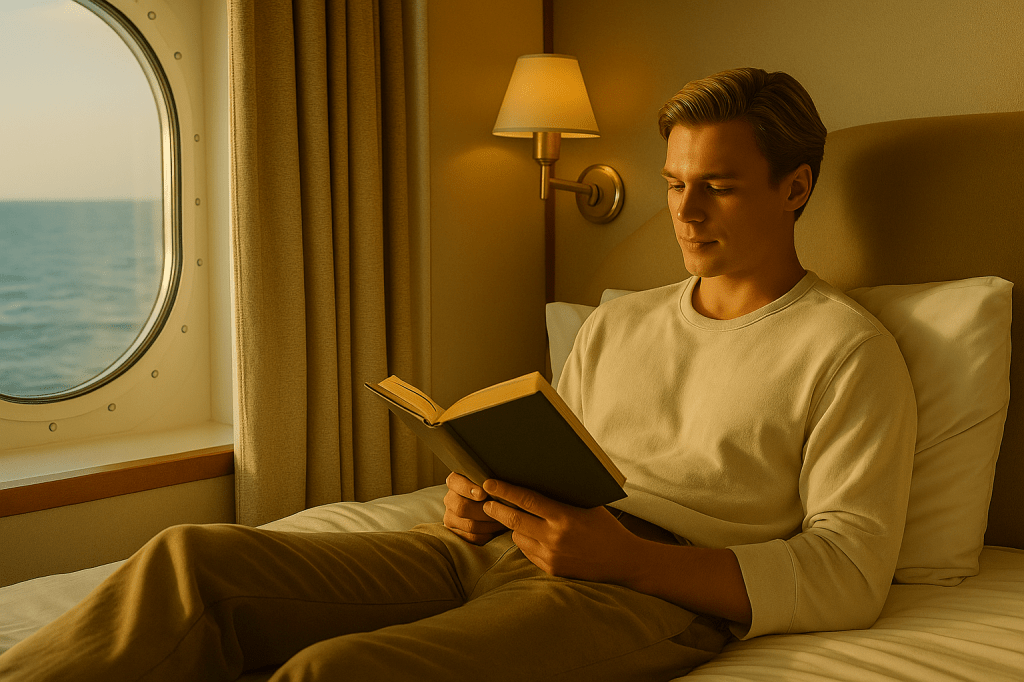 A cinematic image of Sunny sitting in his cruise ship cabin during a quiet afternoon, reading a book by the window with warm sunlight and the calm ocean outside.