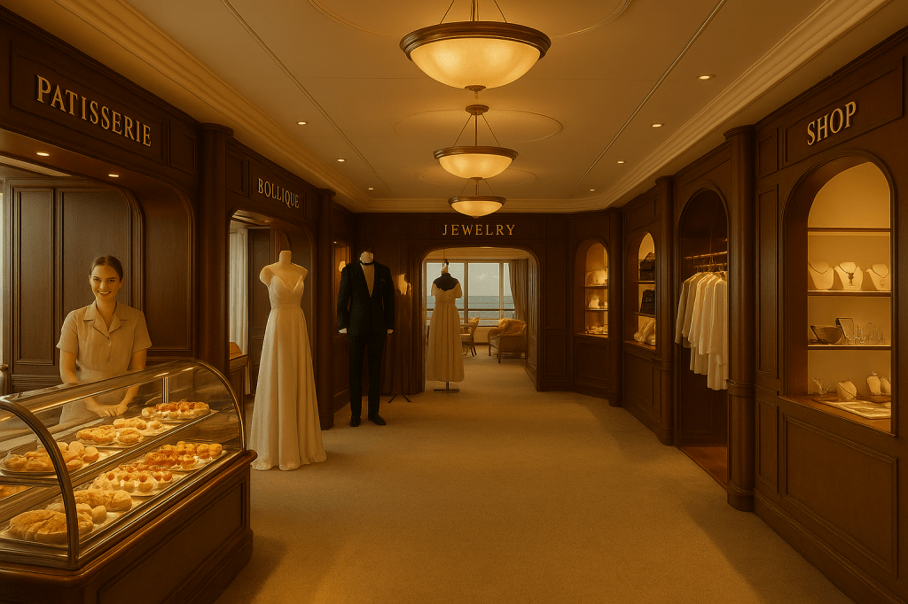 A cinematic image of the cruise ship’s boutique deck featuring elegant shops with cakes, pastries, fashion clothing, jewelry, and evening gowns under warm afternoon light.