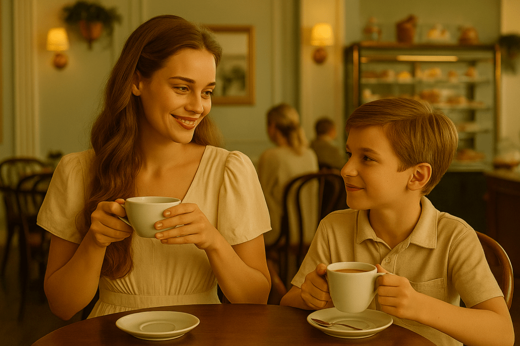 A cinematic image of Vicky and her young nephew enjoying fruit tea and hot cocoa in a cruise ship café, while Sunny and his mother sit nearby with black coffee under warm afternoon light.