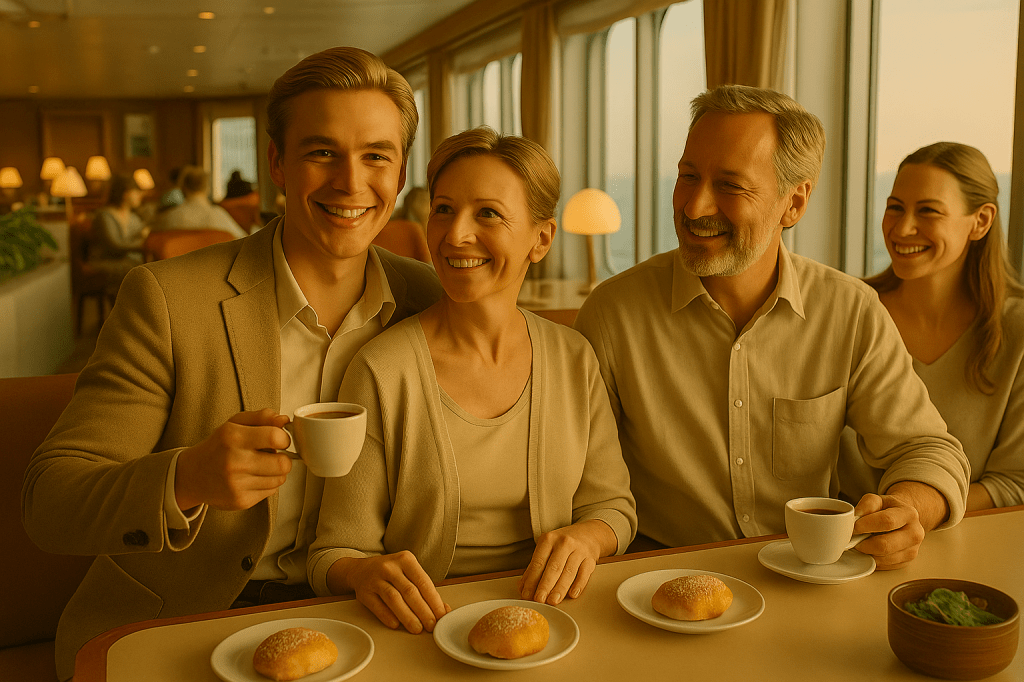 A cinematic image of Sunny sitting with his mother and sister at a cruise ship café, sharing black coffee in the golden afternoon light with the ocean view behind them.
