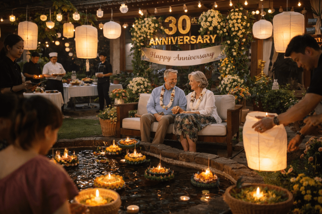 Father arranging a 30th wedding anniversary celebration at the grandparents’ home in Thailand, with event staff preparing decorations for Loy Krathong night.