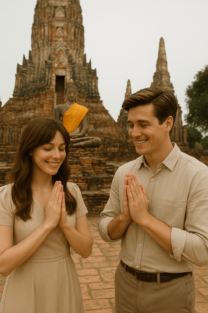 A romantic couple praying together at Wat Chaiwatthanaram in Ayutthaya, Thailand, wearing soft neutral outfits with ancient temple ruins and a Buddha statue in the background.