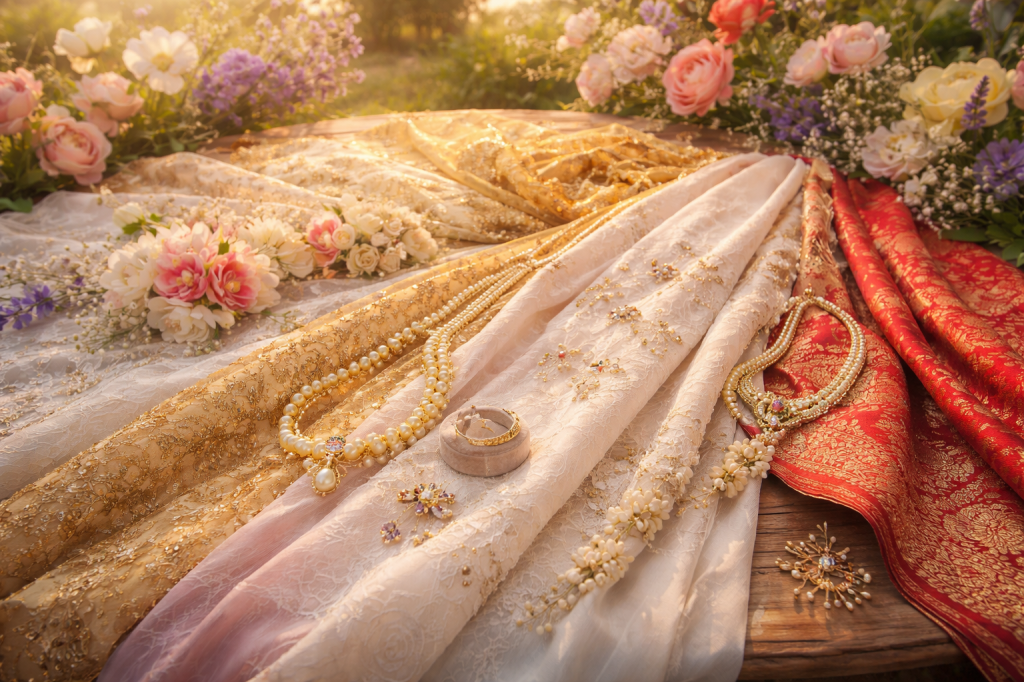 A photoreal flat lay of cultural bridal fabrics including white lace, Thai gold-embroidered silk, Japanese kimono silk, and red Indian silk, layered with flowers, jewelry, and wedding rings in soft golden light