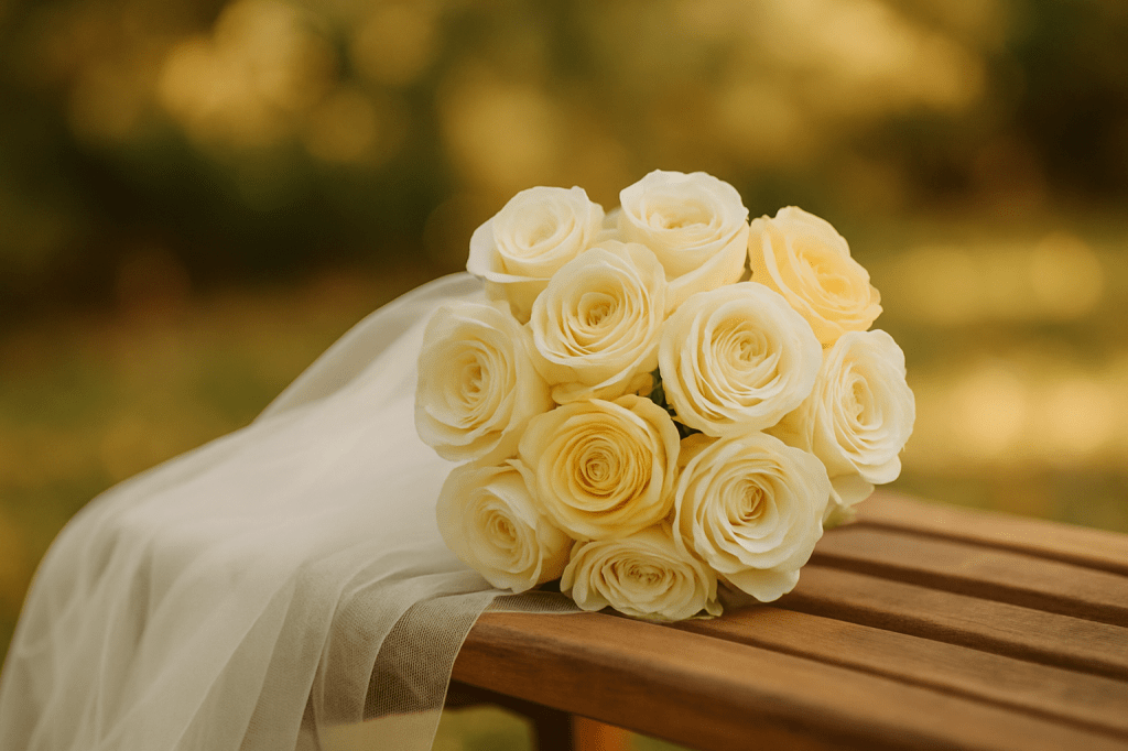 A close-up of a white and yellow rose bridal bouquet resting on a wooden garden bench, softly draped with bridal tulle in warm golden light.