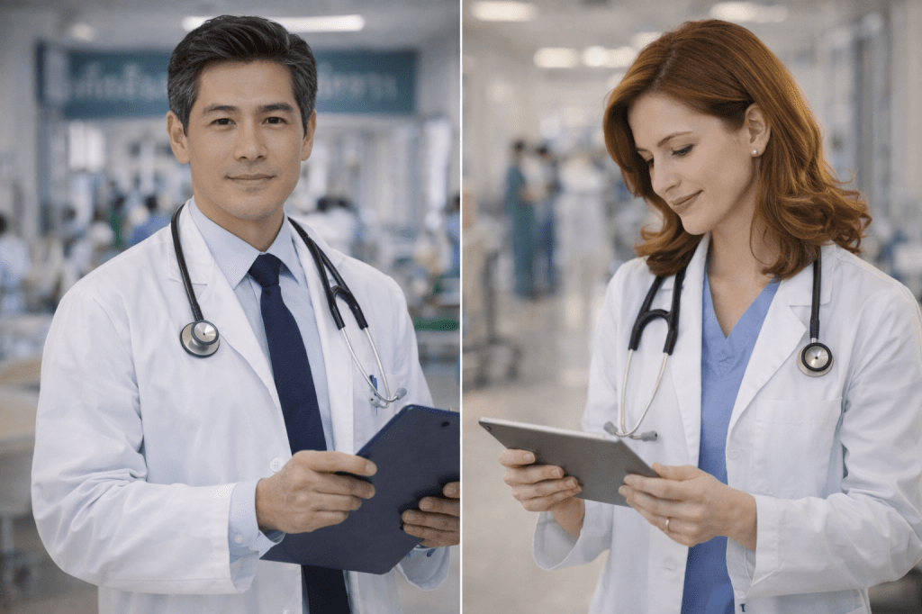 Catherine’s father working as a doctor in Thailand while her mother continues her medical career in the United States, shown in parallel scenes reflecting distance and dedication.