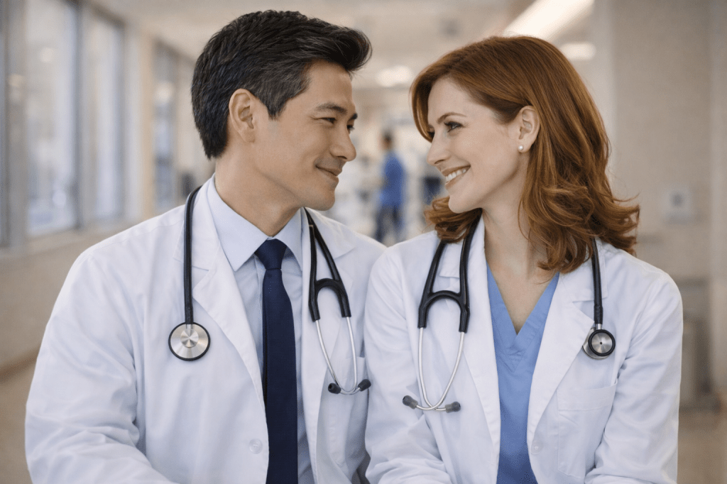 Catherine’s parents working together as young doctors at the same hospital in the United States, wearing medical coats in a calm professional setting