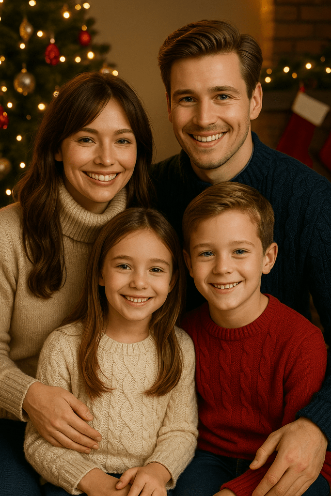 A warm Christmas family celebration with parents and children gathered together in a cozy living room, glowing holiday lights and a decorated Christmas tree creating a loving and joyful atmosphere.