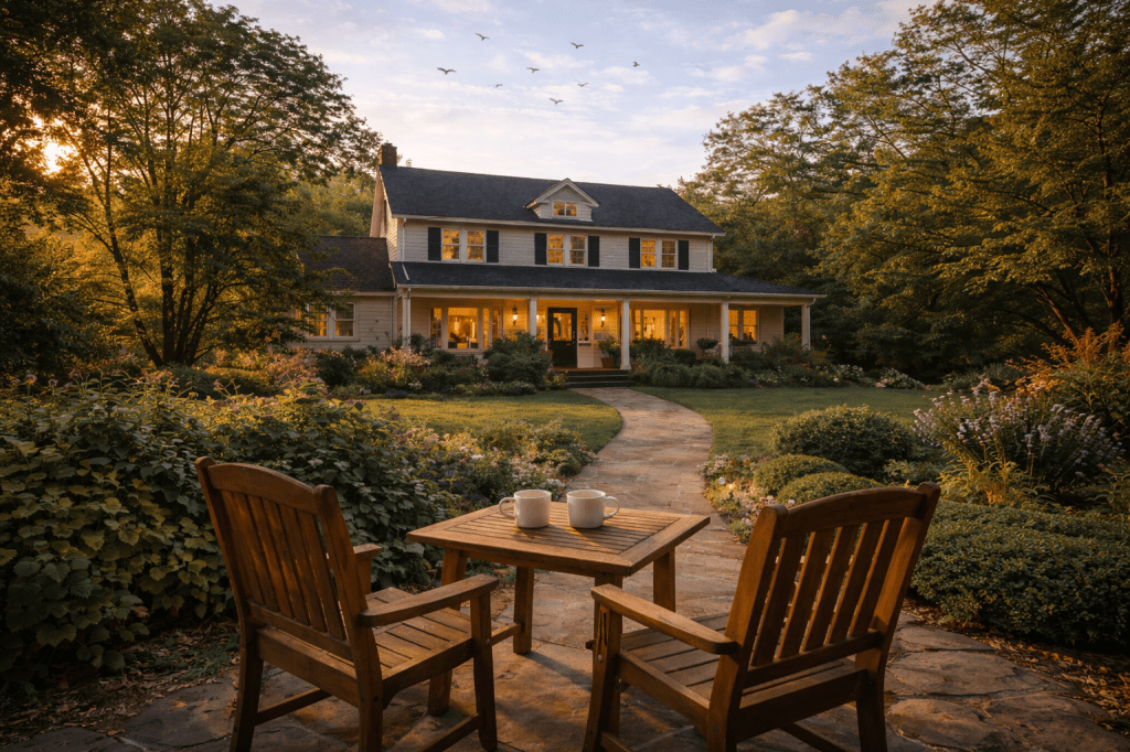 A wide, quiet morning — the home stands in gentle light, birds crossing the sky, and love lingering softly in every corner.