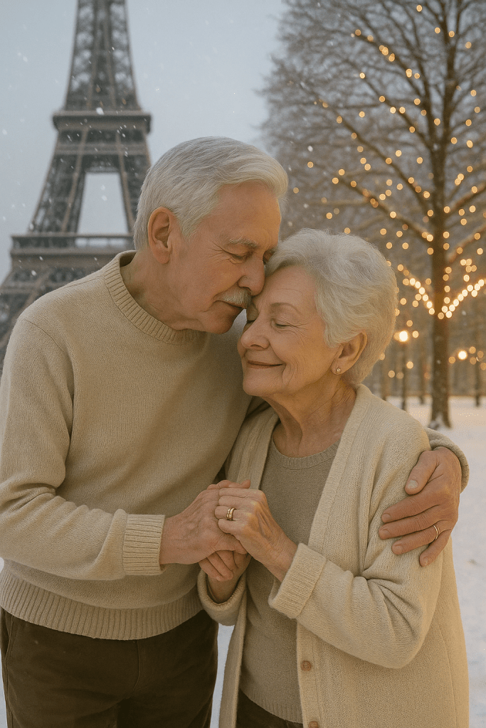 An elderly couple with natural gray hair walking hand in hand near the Eiffel Tower in winter with soft lights and light snowfall