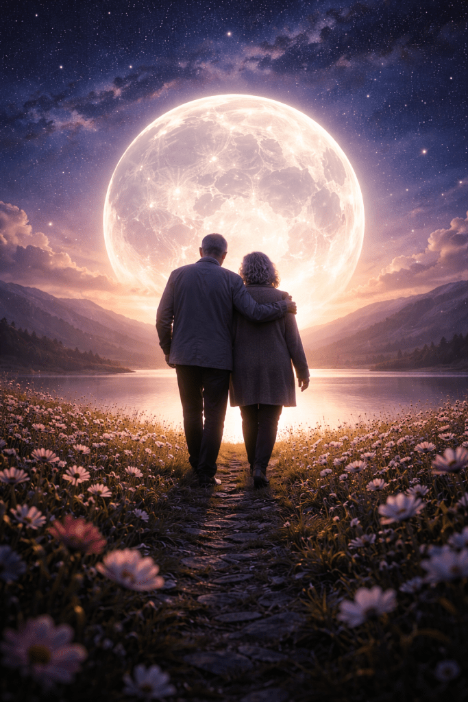 Silhouette of an elderly couple walking hand in hand toward a peaceful lake and flower field under a glowing silver moon, symbolizing lifelong love and a shared journey home
