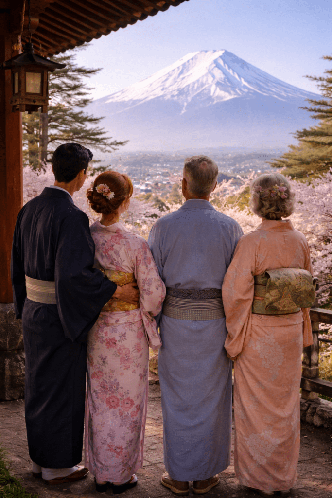 Multi-generational family in traditional kimono standing quietly at a shrine in Fujiyoshida, with a close view of Mount Fuji in the background, sharing a peaceful moment of prayer together.